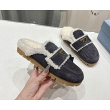 Prada Triangle Logo Shearling Slippers suede leather grey 2024