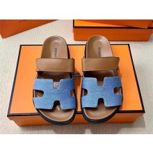 Hermes Chypre sandals in denim and calfskin bleu clair / naturel 2024
