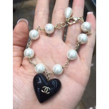 Chanel Pearls Bracelet with Heart Pendant Black 2018