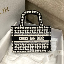 Dior Mini Book Tote Bag in Embroidered Canvas Houndstooth Black/White