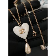 Chanel Pearl Heart Pendant Sweater Long Necklce White 2018