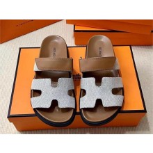 Hermes Chypre sandals in canvas and calfskin prunoir / naturel 2024
