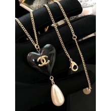 Chanel Pearl Heart Pendant Sweater Long Necklce Black 2018