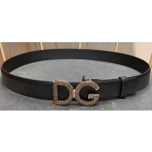 Dolce & Gabbana Width 3cm Leather Belt Black with Black Crystals Gold Logo