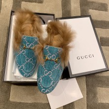 Gucci Princetown GG Velvet Fur Slipper Blue 2020