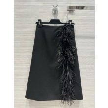 PRADA Feather-trimmed wool midi-skirt BLACK 2024
