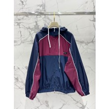 Miu Miu Technical silk zipper blouson jacket Blue/Amarena Red 2025