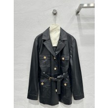 CHLOE BLACK Belted glossed textured-leather jacket 2025