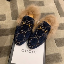 Gucci Princetown GG Velvet Fur Slipper navy Blue 2020