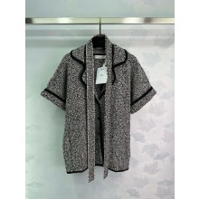 DIOR Black Wool-Blend Heathered Textured Knit Short-Sleeved Belted Jacket 2024