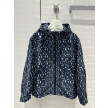 DIOR White Technical Taffeta Jacquard with Navy Blue Miss Dior Allover Motif Waterproof Hooded Jacket 2024