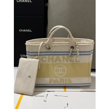 CHANEL MEDIUM Ecru, Blue & Yellow Cotton Canvas & Gold-Tone Metal SHOPPING BAG 2025