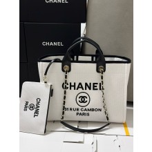 CHANEL LARGE WHITE& BLACK Cotton Canvas & Gold-Tone Metal SHOPPING BAG 2025