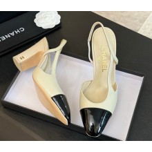 Chanel Slingbacks Printed Lambskin & Patent Calfskin Ivory & Black G45509 heel 9.5cm 1023-2024