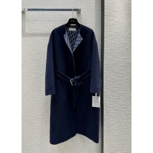 DIOR Navy Blue Double-Sided Wool with Dior Oblique Interior Coat with Belt 2023