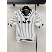CHANEL white striped T-shirt 2024 SPRING