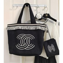 Chanel Towel Cloth Beach Tote Bag with Fringe black 2024