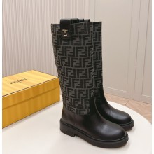 Fendi Black leather and grey FF fabric boots 2024