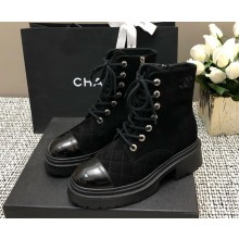 Chanel lace-up Quilted velvet CC Logo Combat Boots black 1125-2024