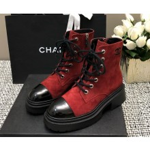 Chanel lace-up Quilted velvet CC Logo Combat Boots burgundy 1125-2024