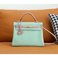 hermes porosus leather kelly 32 bag with golden hardware vert deau/pink