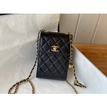 chanel sheepskin phone holder with Chain black