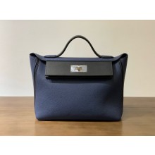 HERMES 24/24 MINI KELLY BAG IN evercolor/swift LEATHER bleu sapphire/noir with silver hardware(full handmade)
