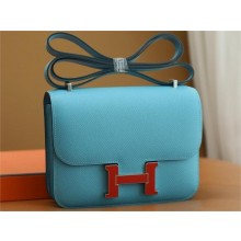 Hermes Constance 18 Bag in original Epsom Leather belu du nord with red hardware(handmade)