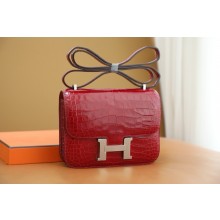 Hermes Constance 18 Bag in alligator leather rouge casaque with silver hardware(handmade)