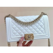 Chanel Medium Le Boy Bag In Caviar Leather white With silver Hardware(Original Quality )