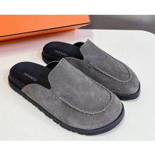 Hermes women/men Johan suede leather mules grey 2024