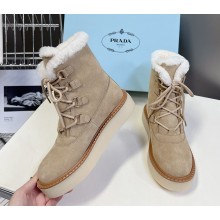 Prada Women's lace-up shearling Suede leather ankle boots in beige 2024