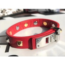 Hermes Studs Leather Bracelet with Silver Buckle Red 2018