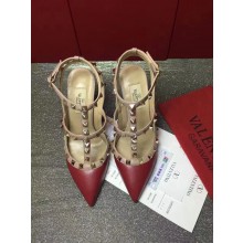 VALENTINO ROCKSTUD ANKLE STRAP SHEEPSKIN PUMP 9.5CM Dark Red