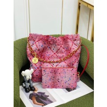 CHANEL Pink, Burgundy & Multicolor Tweed & Gold-Tone Metal 22 HANDBAG AS3261 2022