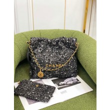 CHANEL Black & Ecru Wool Tweed & Gold-Tone Metal 22 HANDBAG AS3261 2022