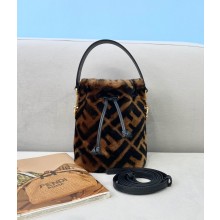 Fendi Mon Tresor Wool FF Logo Mini Bucket Shoulder Bag Brown 2020