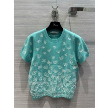 dior green Wool and Cashmere Knit with Gradient Butterflies Motif Short-Sleeved Sweater 2024 