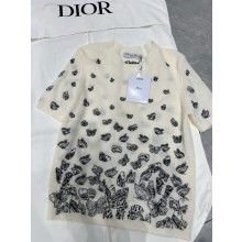 dior White Wool and Cashmere Knit with Gradient Butterflies Motif Short-Sleeved Sweater 2024 