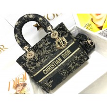 Dior Medium Lady D-Lite Bag in Black and Gold Dior Jardin d'Hiver Embroidery 2022