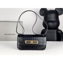 balenciaga Women's Gossip Small Bag In Extra Supple Crocodile Embossed Calfskin in Black 