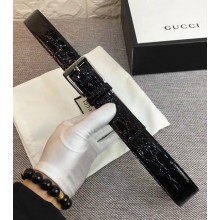 Gucci Width 3.5cm Crocodile Textured Square Buckle Black/Silver 2018