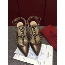 VALENTINO ROCKSTUD ANKLE STRAP SHEEPSKIN PUMP 9.5CM Coffe
