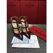 VALENTINO ROCKSTUD ANKLE STRAP PATENT PUMP 9.5CM dark red