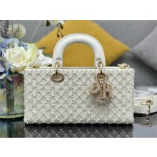 DIOR Medium Lady D-Joy Bag IN Latte Calfskin Embroidered with Resin Pearl Cannage Motif 2024