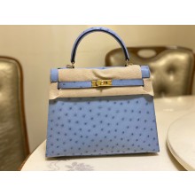 HERMES OSTRICH LEATHER KELLY 25 BAG celeste