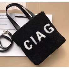 Balenciaga Shearling Small Shopper Tote  with Contrasting Logo Black 2018