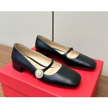 Valentino MARY-JANE PRESHOES BALLERINA IN KIDSKIN WITH JEWEL BUTTON 20MM BLACK 2025