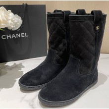 Chanel Black Suede Shearling Boots cc Logo 1216-2024