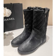 Chanel Black Suede Shearling Boots cc Logo 1216-2024ss